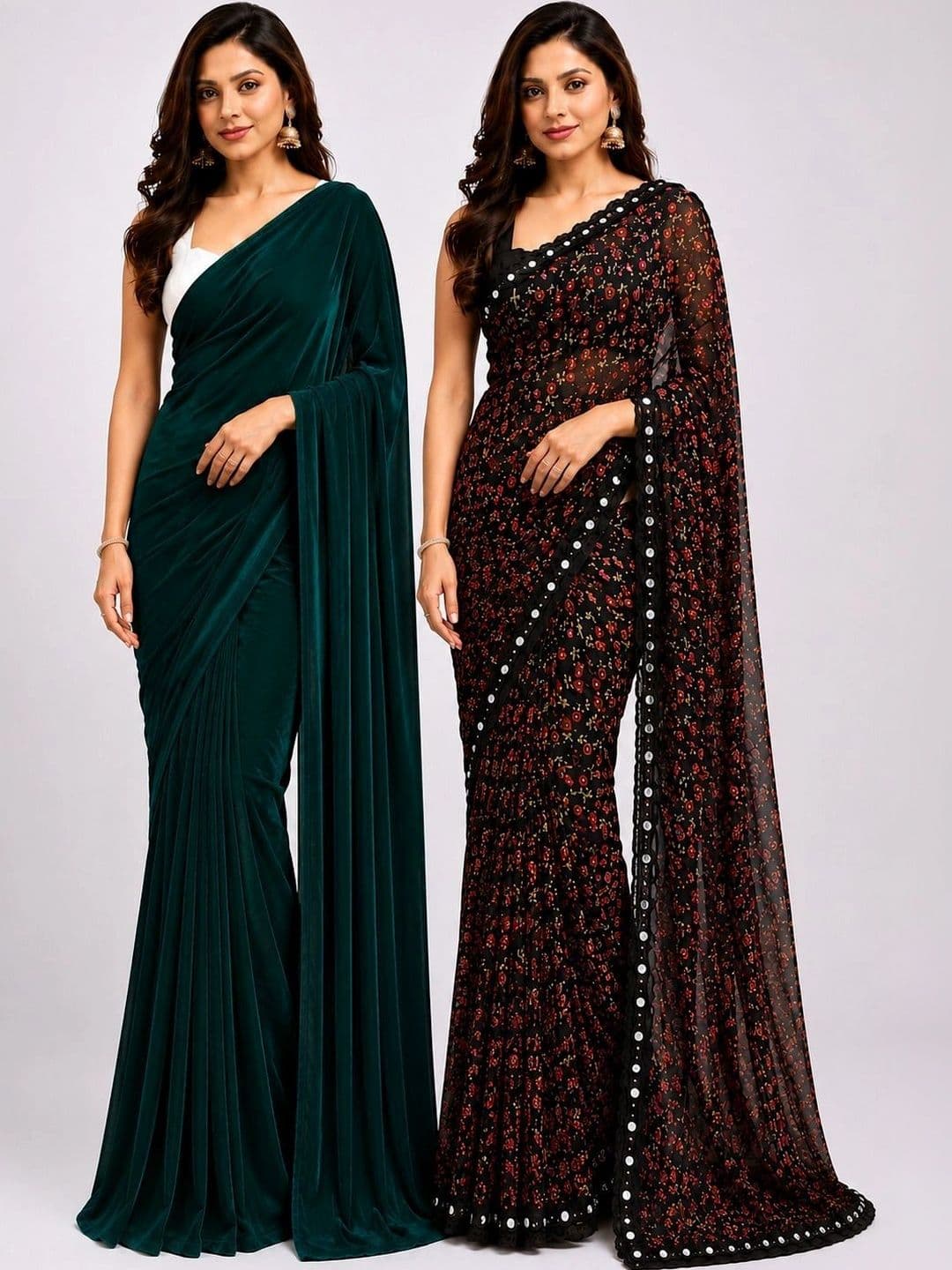 RENBRIZA Floral Mirror Work Poly Georgette Saree - view 1