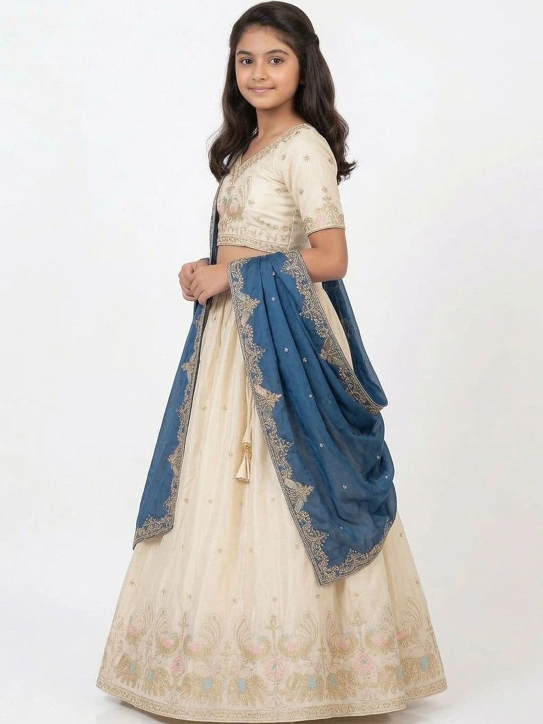 Closin Girls Embroidered Thread Work Ready to Wear Lehenga & Unstitched Blouse With Dupatta thumbnail 3