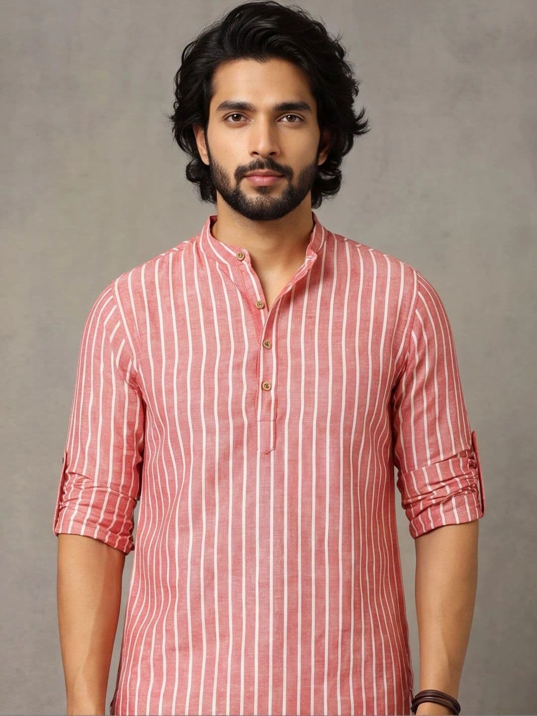 Navibhu Woven Design Striped Cotton Handloom Mandarin Collar Short Kurta thumbnail 2