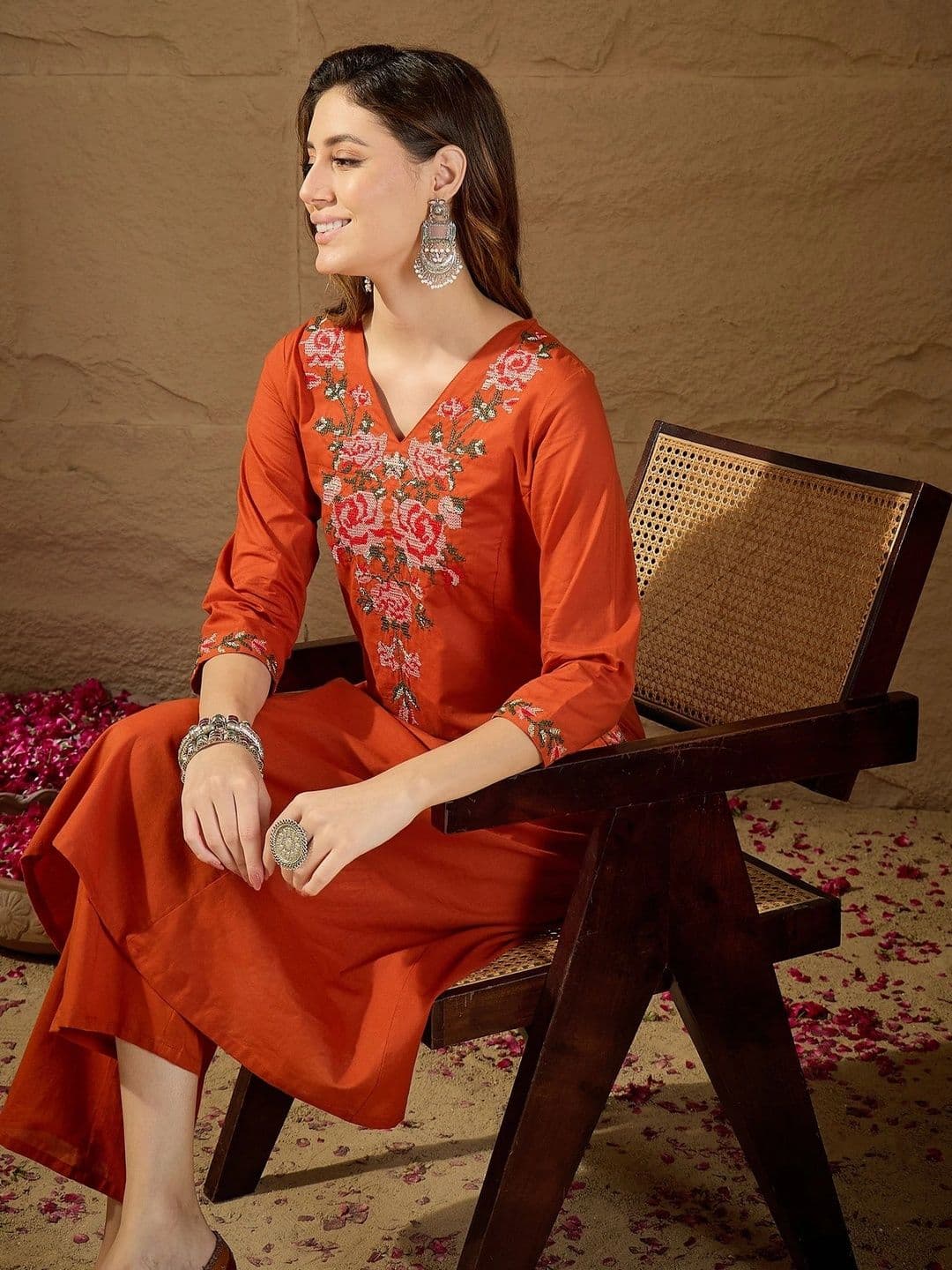 TRUVON FASHIONS Women Floral Embroidered Regular Thread Work Pure Cotton Kurta with Palazzos thumbnail 6