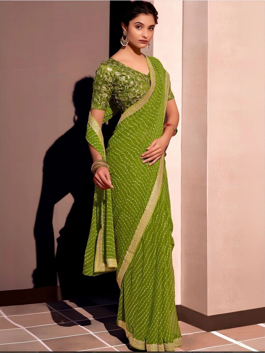 RENBRIZA Leheriya Embroidered Poly Georgette Saree thumbnail 7