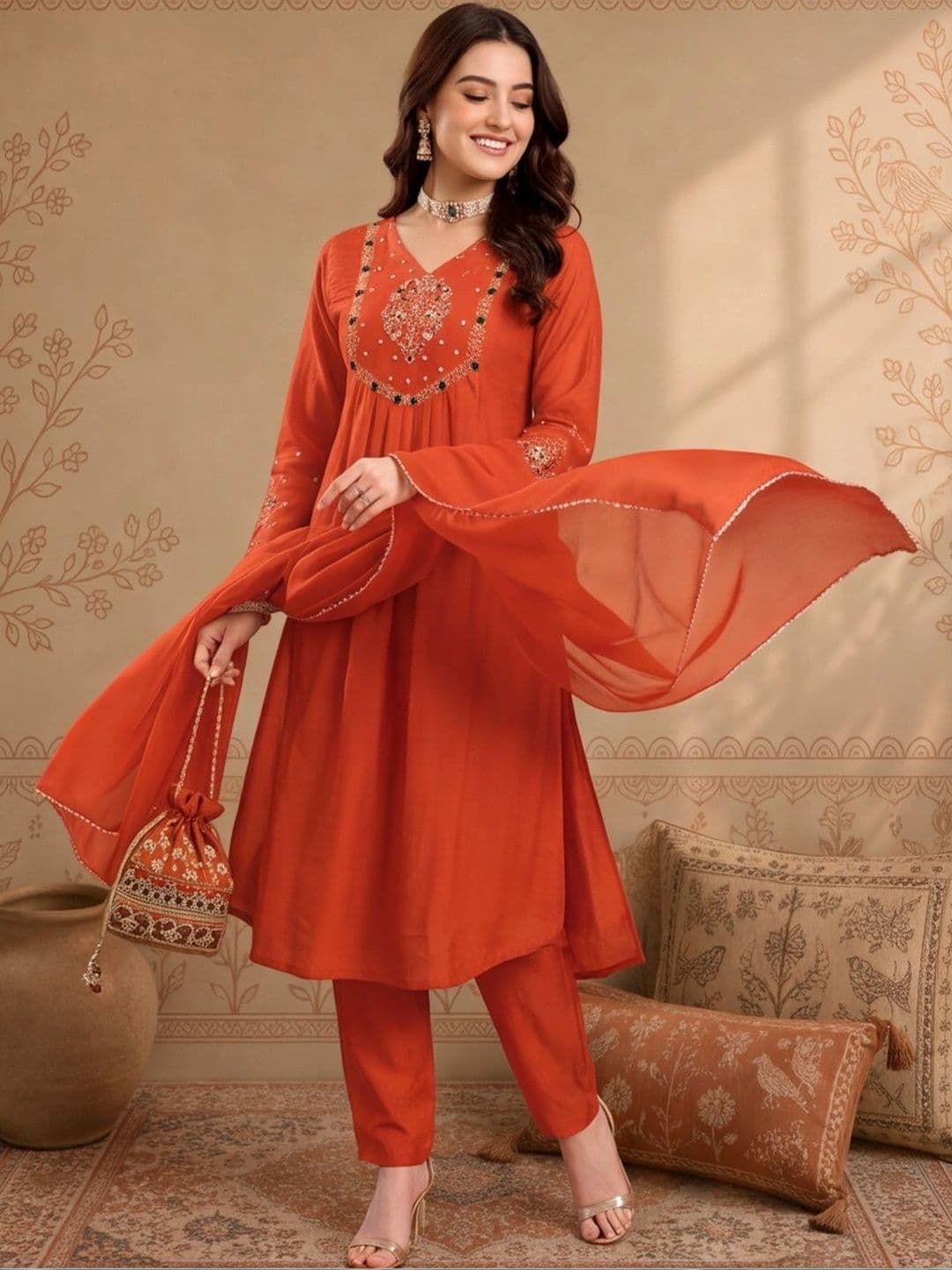Anouk Women Ethnic Motifs Embroidered Empire Thread Work Kurta with Trousers & With Dupatta - view 1