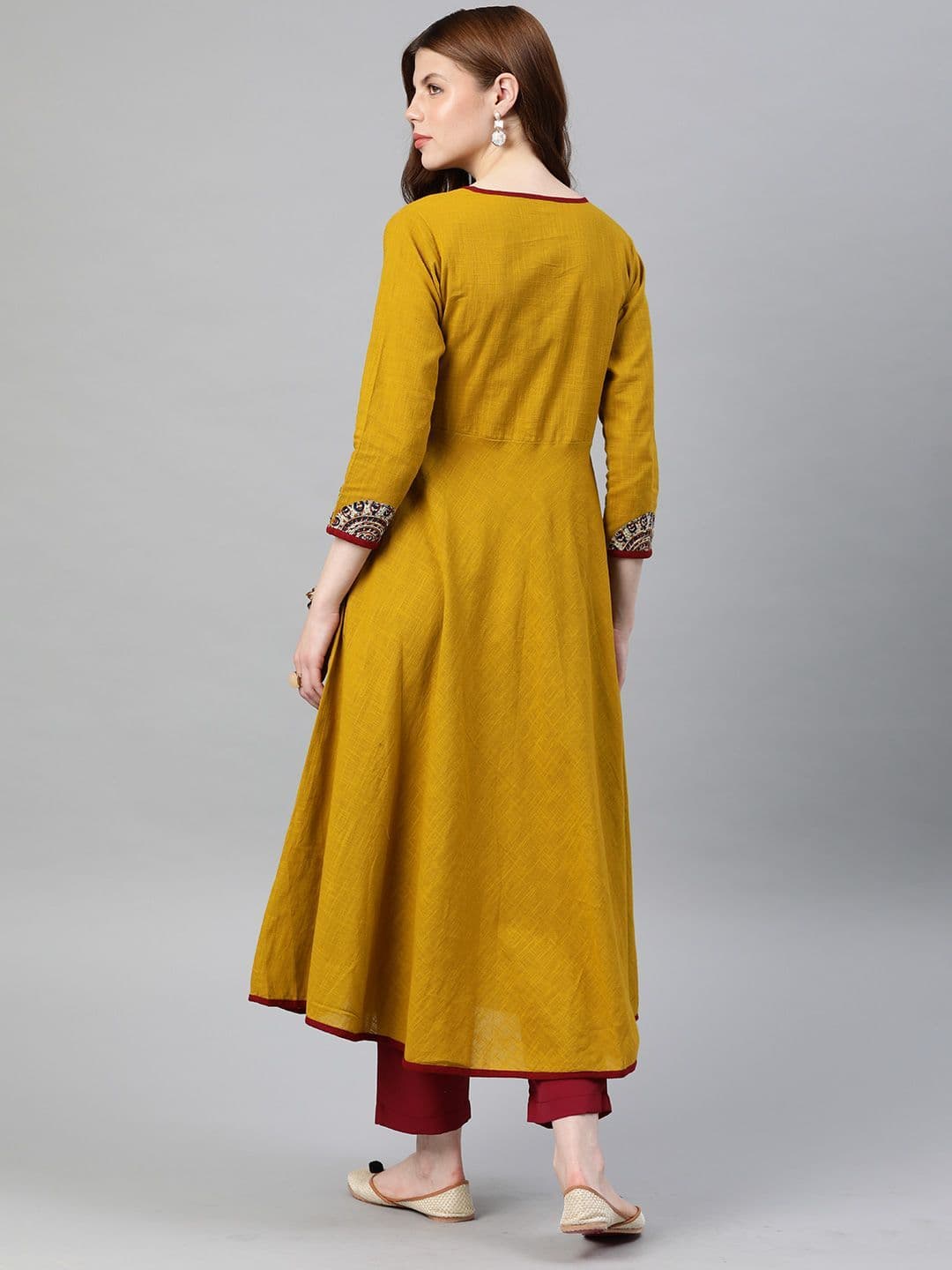 KALINI Women Mustard Yellow Floral Printed Angrakha Anarkali Kurta with Tassel Tie-Up thumbnail 4