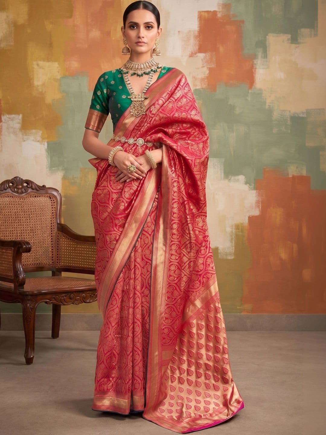 MONJOLIKA FASHION Ethnic Motifs Zari Silk Blend Designer Kanjeevaram Saree - view 1