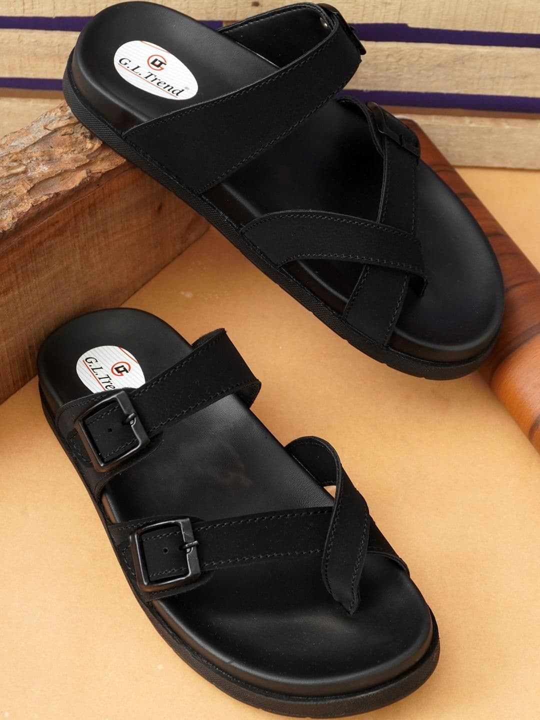 G L Trend Black Leather Sandals - view 1