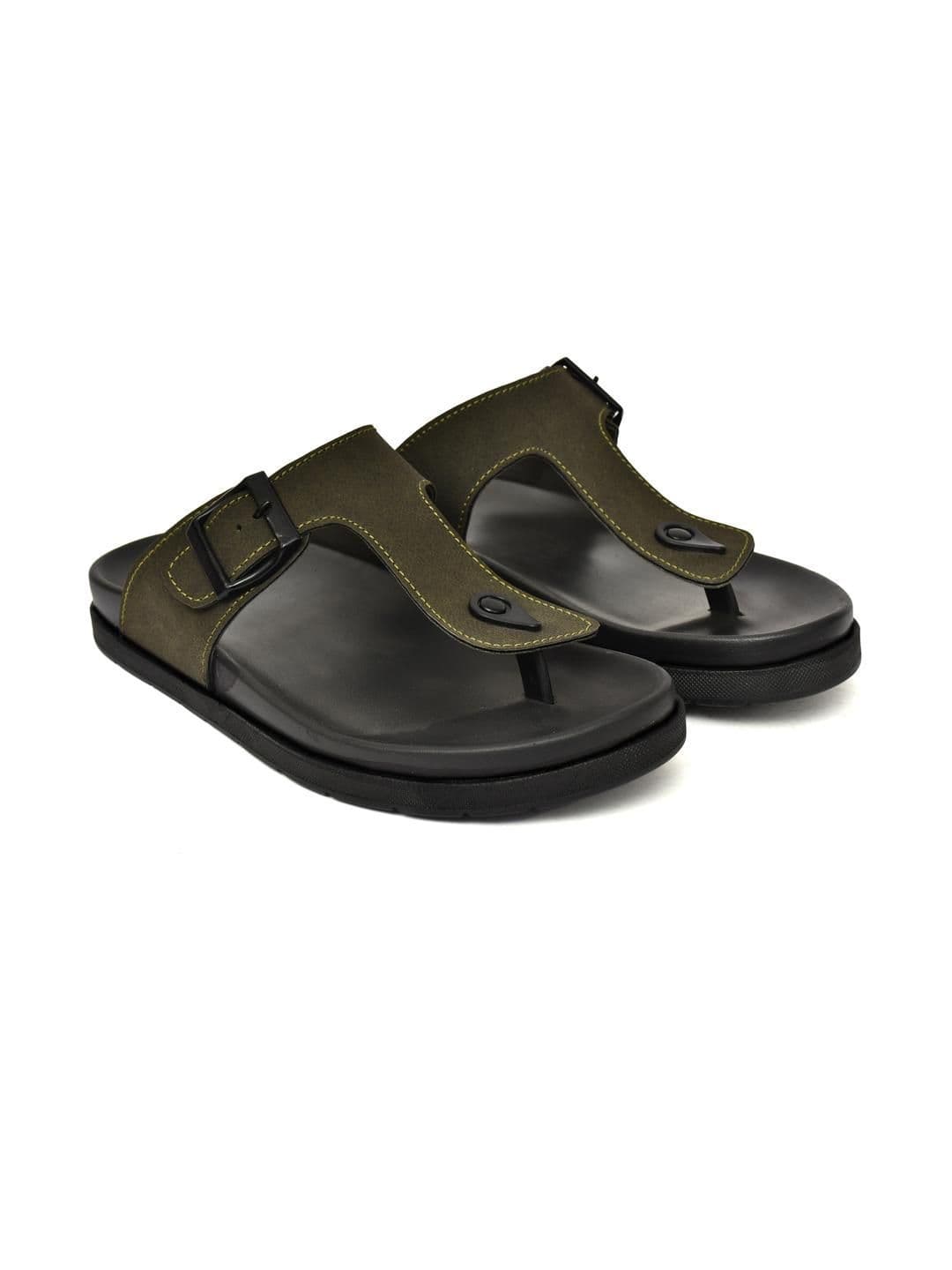G L Trend Men Water-Resistant Olive Leather Slip-On T-Strap Sandals thumbnail 3