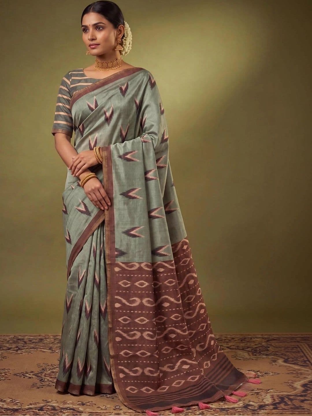 SAMANTHA Dabu Zari Silk Blend Ikat Saree - view 1