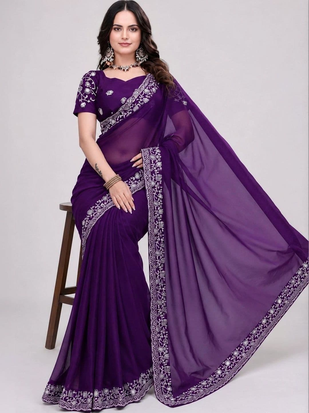 RENBRIZA Embroidered Poly Georgette Saree - view 1