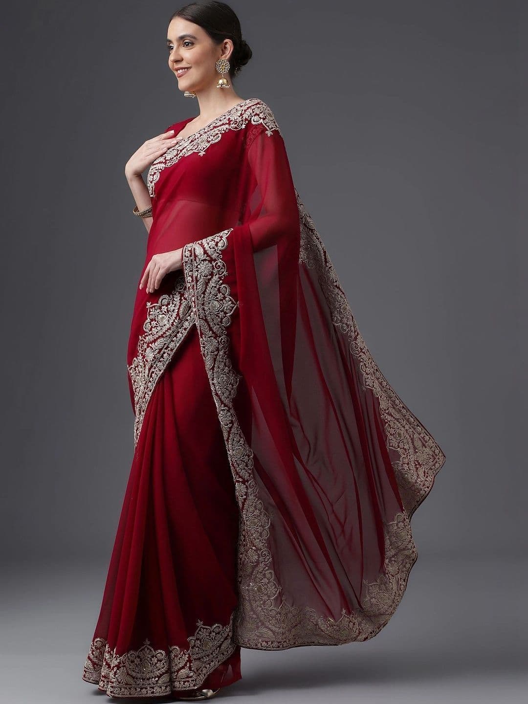 kasee Floral Embroidered Poly Georgette Designer Saree thumbnail 5