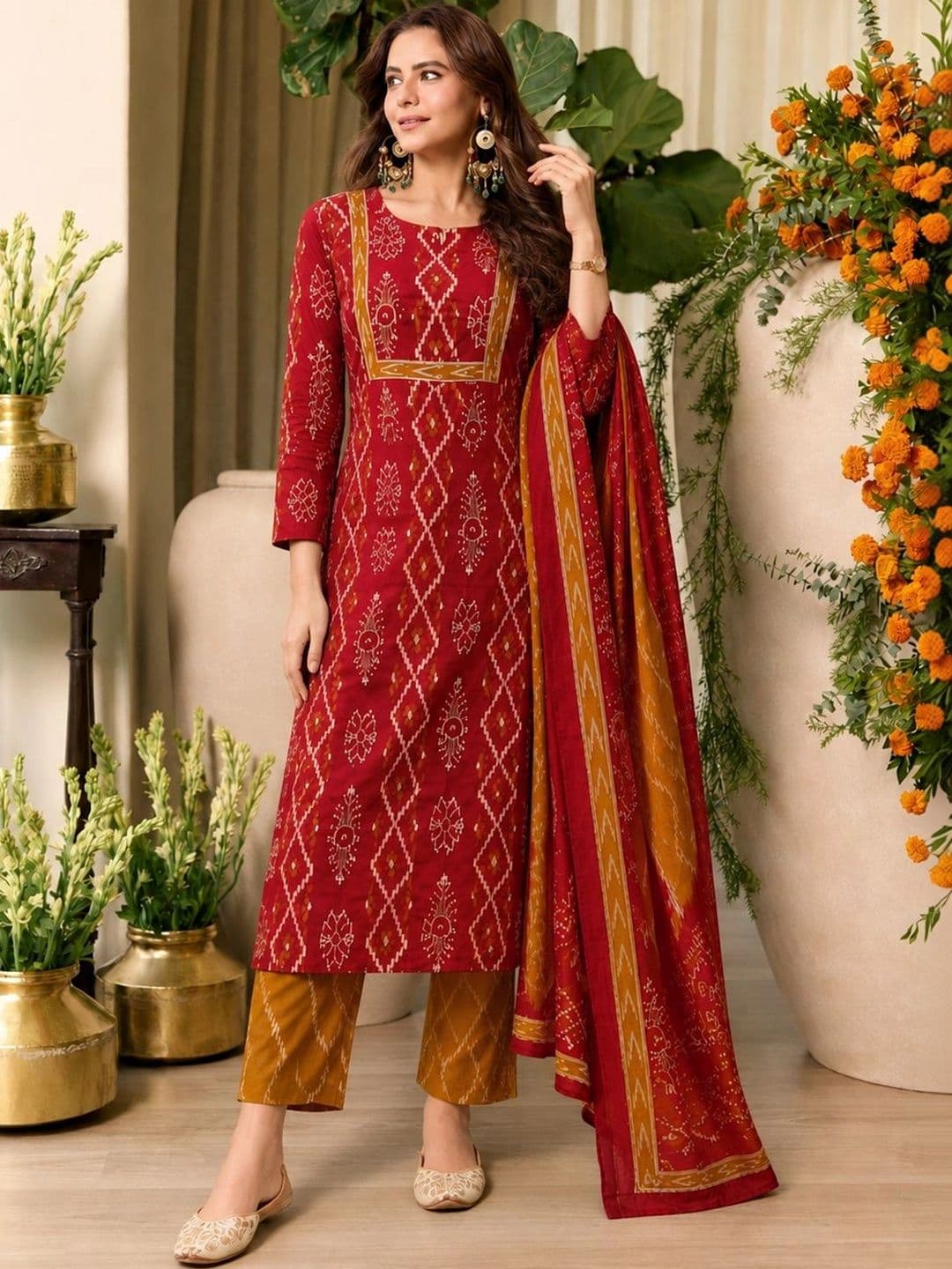 GoSriKi Women Ethnic Motifs Printed Regular Kurta with Trousers & With Dupatta thumbnail 3