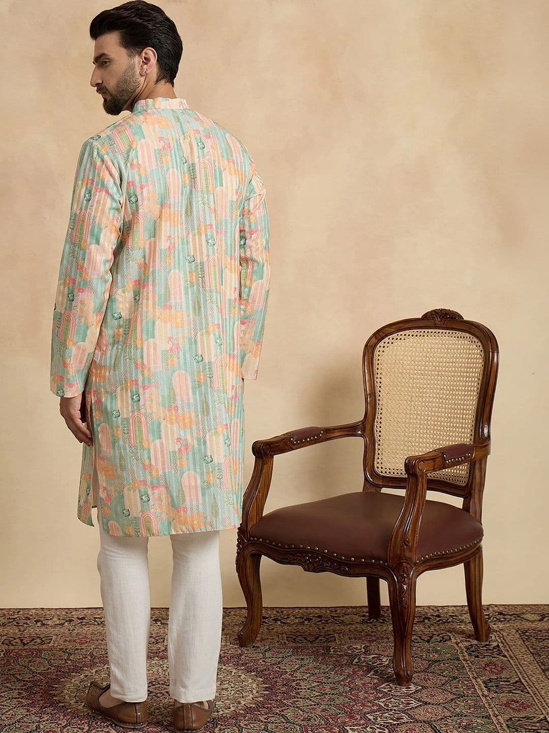 House of Pataudi Motifs Printed Mandarin Collar Knee Length Straight Kurta thumbnail 5