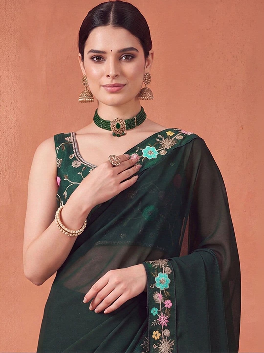 Anouk Floral Embroidered Poly Georgette Designer Saree thumbnail 4