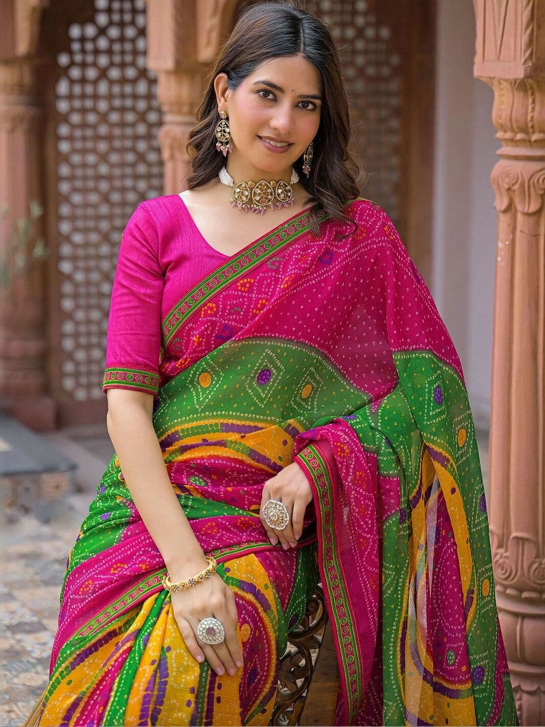 KALINI Bandhani Pure Georgette Fusion Bandhani Saree thumbnail 3