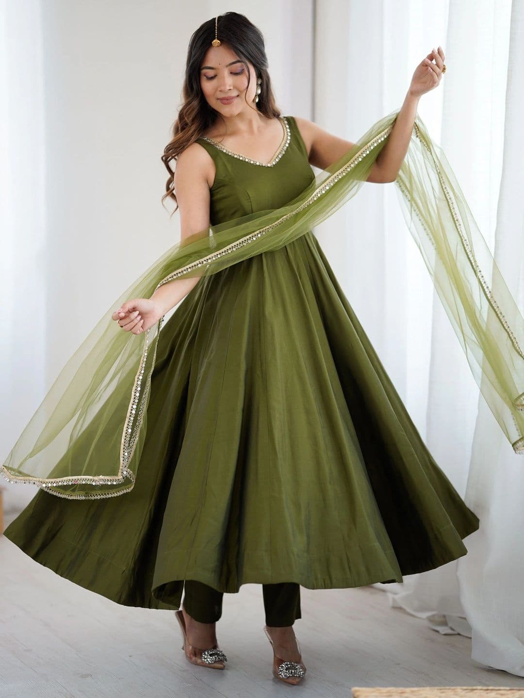 NORAFLEX Women Empire Chanderi Silk Kurta with Trousers & With Dupatta - view 1