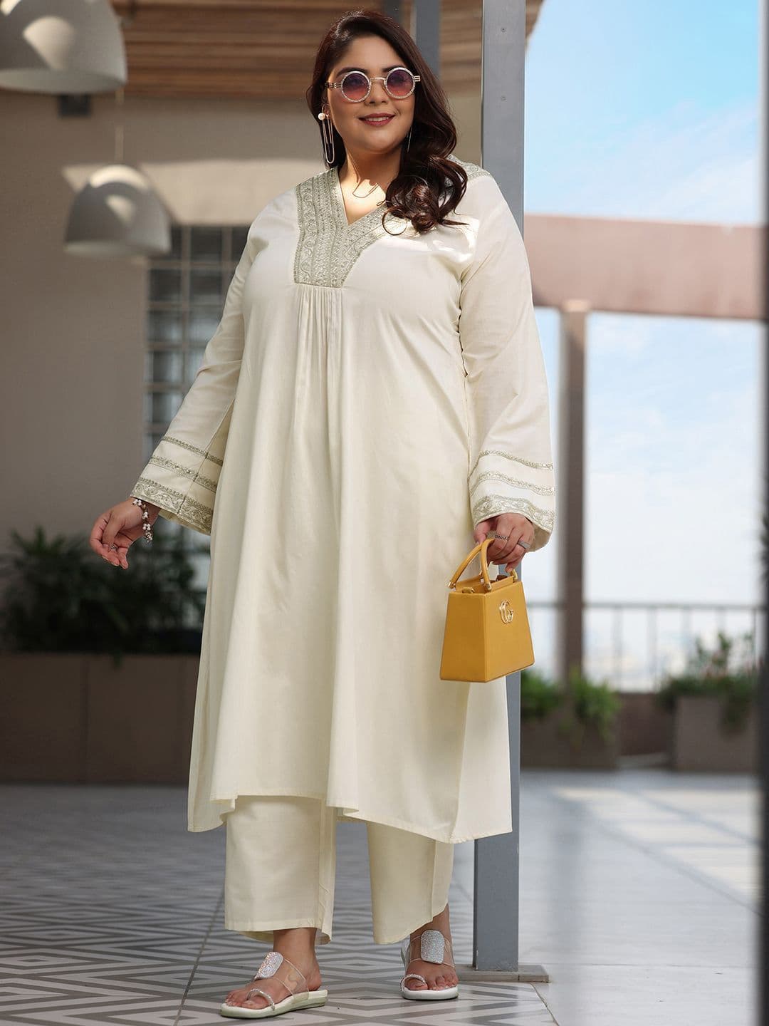 EXTRA LOVE BY LIBAS Plus Size Floral Yoke Design V-Neck A-Line Kurta & Palazzos - view 1