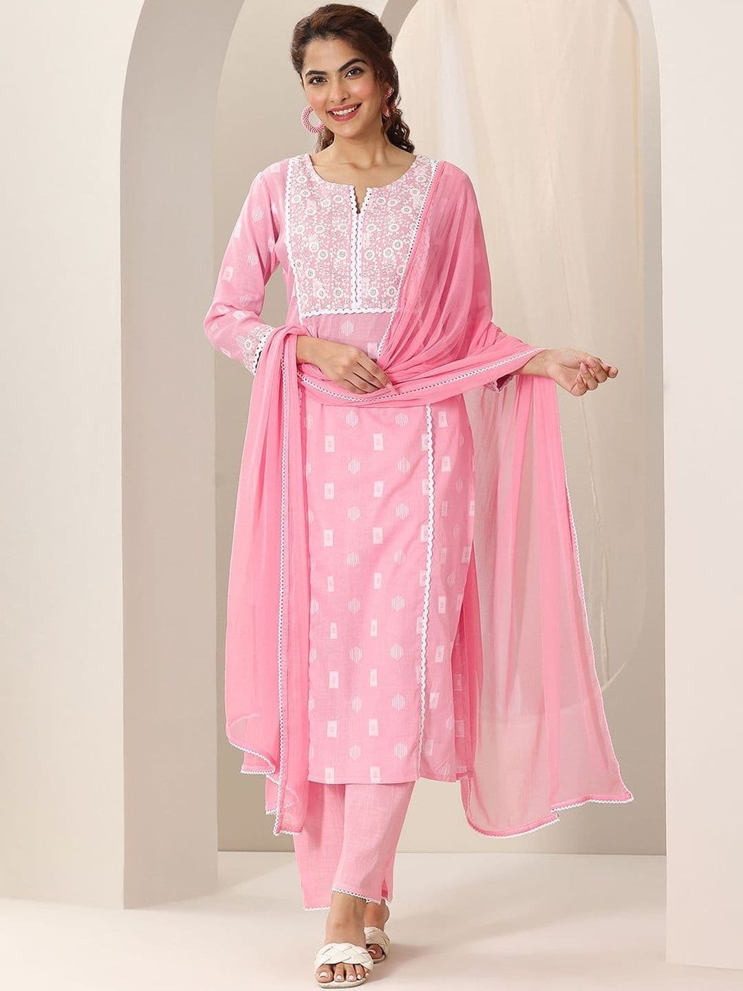 Libas Floral Embroidered Straight Thread Work Kurta With Trousers & Dupatta thumbnail 4