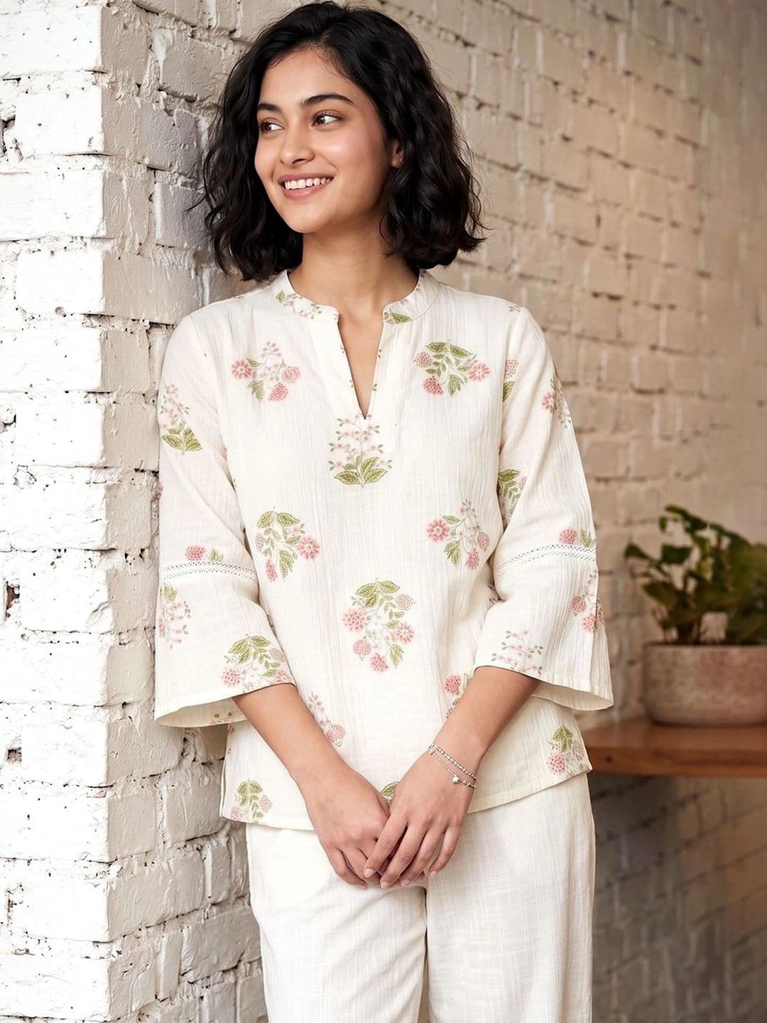 Colour Me by Melange Floral Print Flared Sleeve Cotton Blend Top - view 1