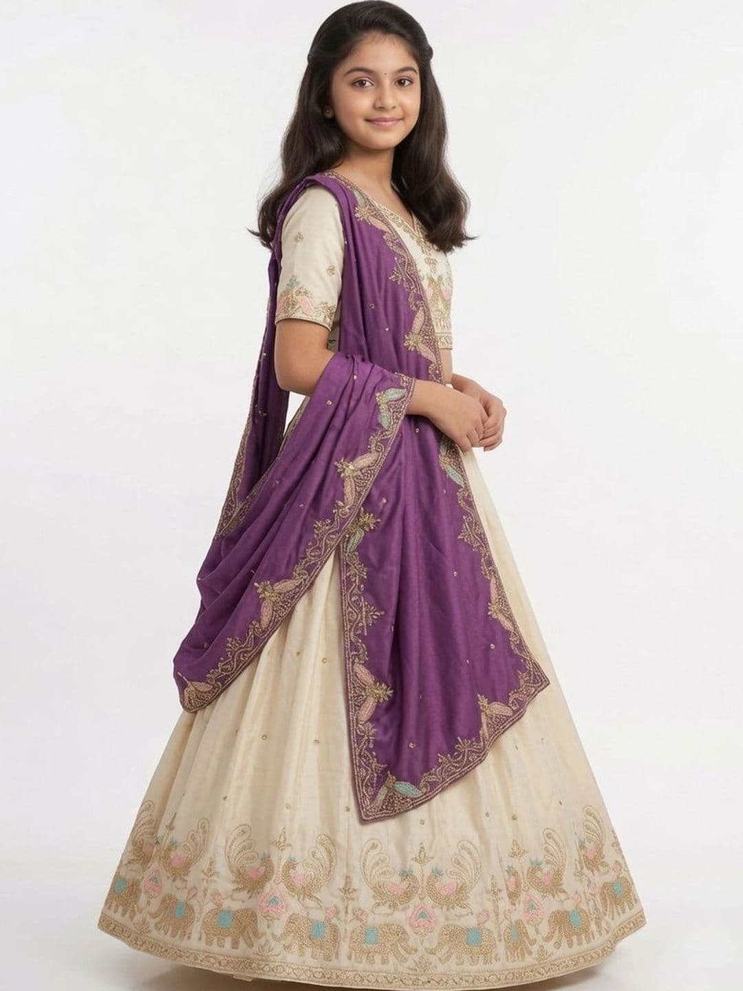 Closin Girls Embroidered Thread Work Ready to Wear Lehenga & Unstitched Blouse With Dupatta thumbnail 2