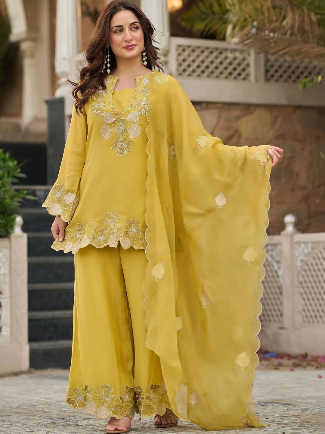 HERE&NOW Women Ethnic Motifs Embroidered Regular Thread Work Kurta with Palazzos & With Dupatta - view 1