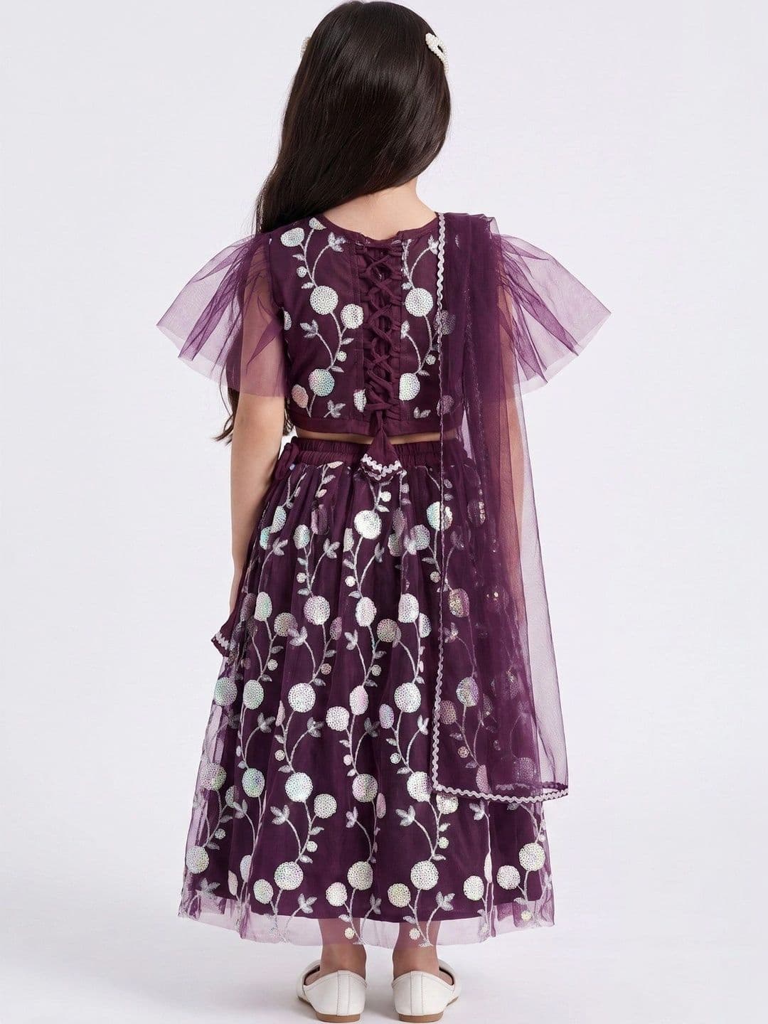 Sangria Girls Plum Floral Embroidered Lehenga & Choli With Dupatta thumbnail 3