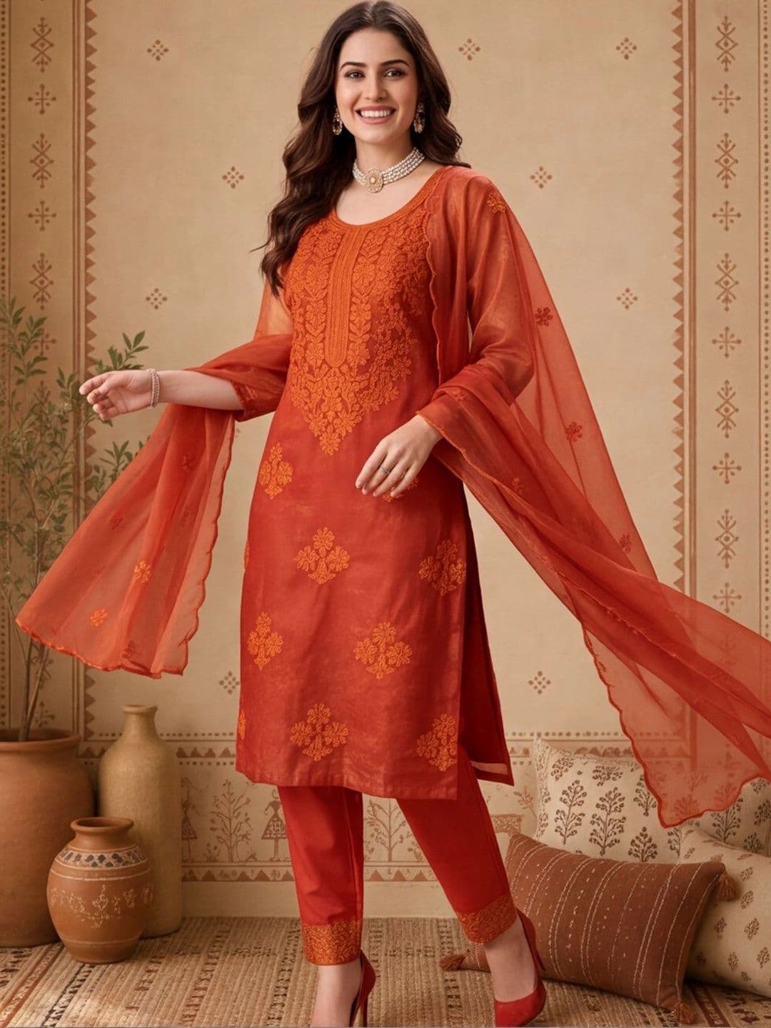 Anouk Women Ethnic Motifs Embroidered Regular Thread Work Kurta with Trousers & With Dupatta - view 1