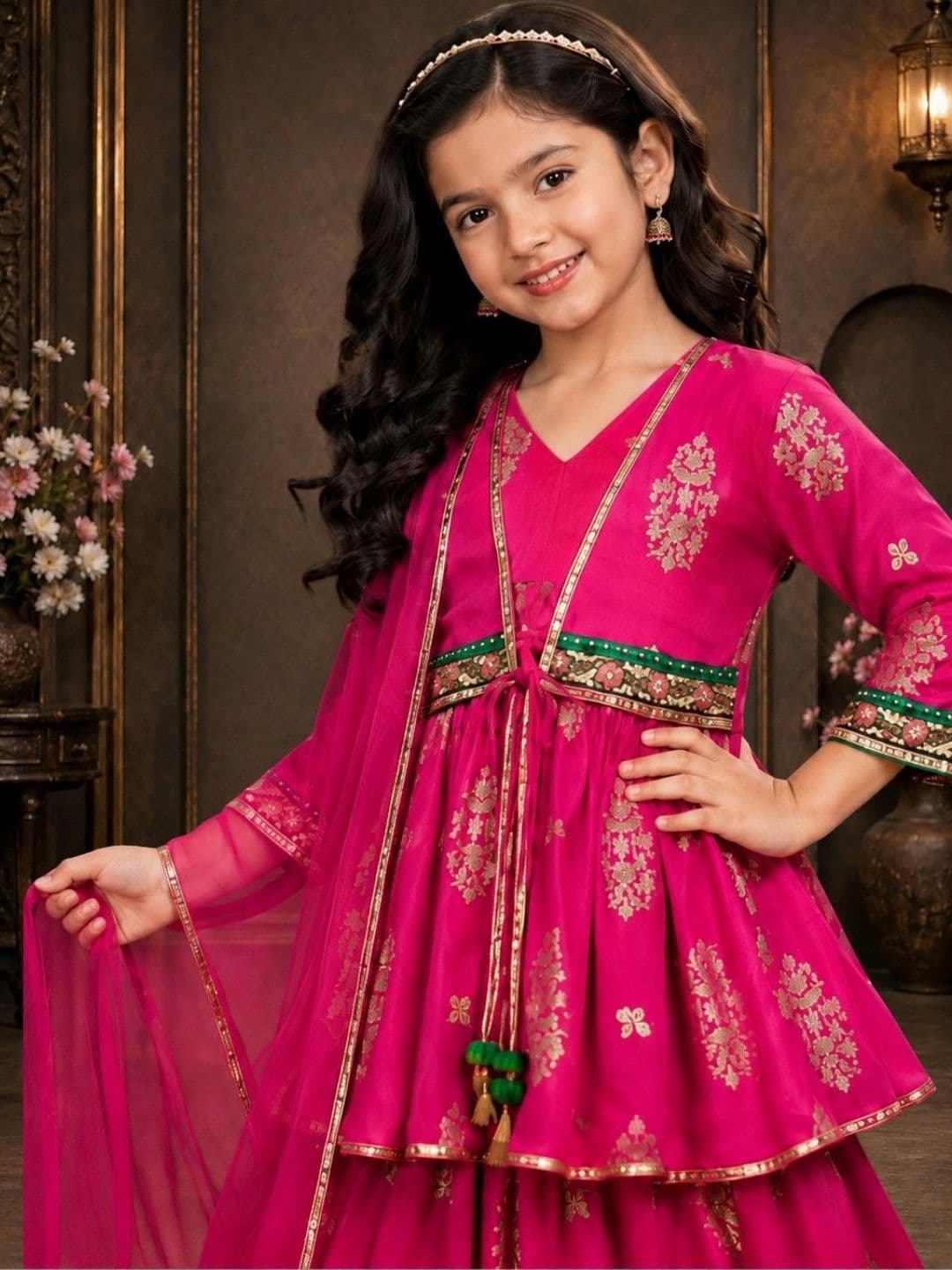 SUNCITY FASHION MART Girls Printed Foil Print Ready to Wear Lehenga & Blouse With Dupatta thumbnail 4