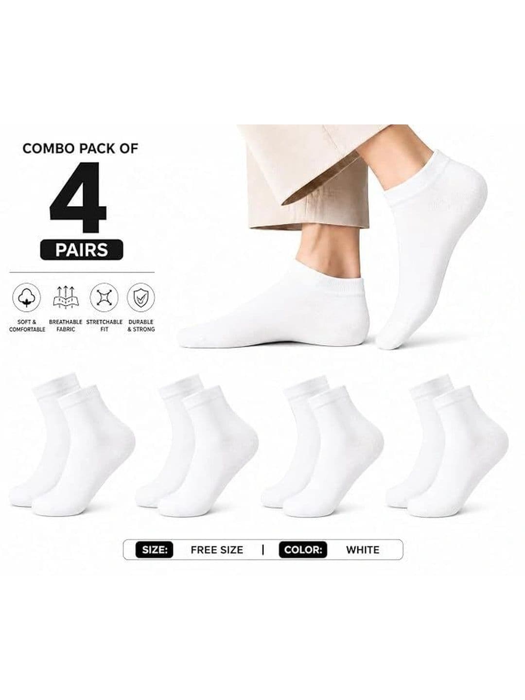 SOSHRE Unisex Pack of 4 Cotton Ankle Length Socks thumbnail 7