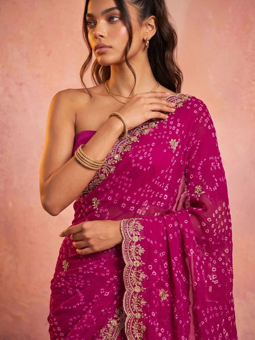 DRIP CHOWK Bandhani Embroidered Pure Georgette Fusion Bandhani Saree thumbnail 3