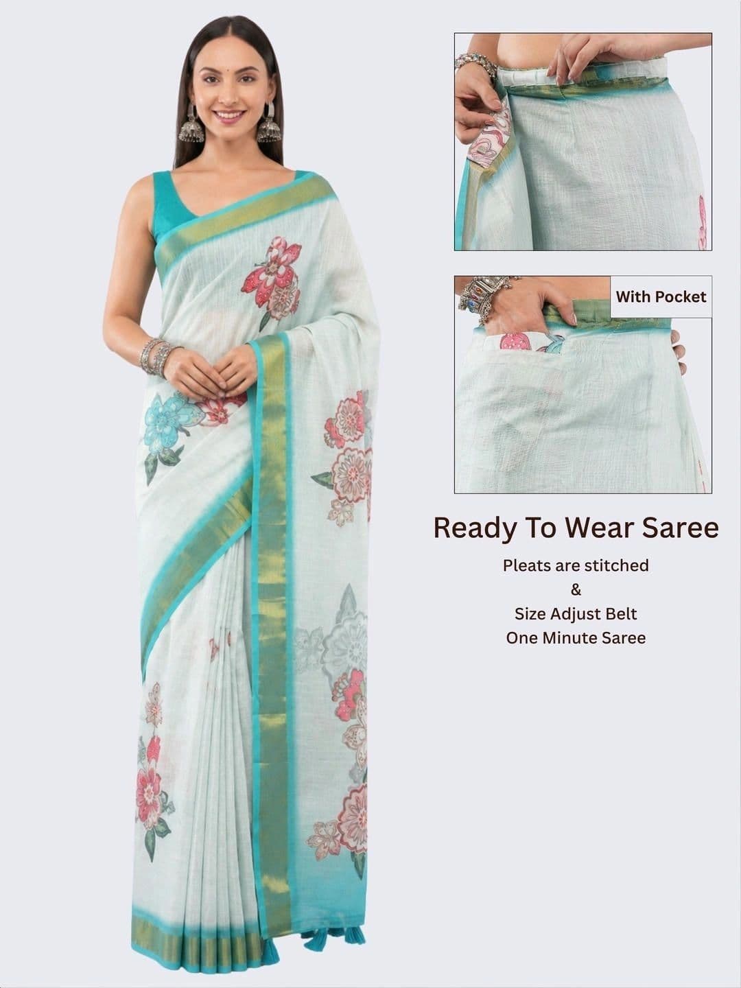 SAMANTHA Floral Zari Linen Blend Belted Saree thumbnail 3