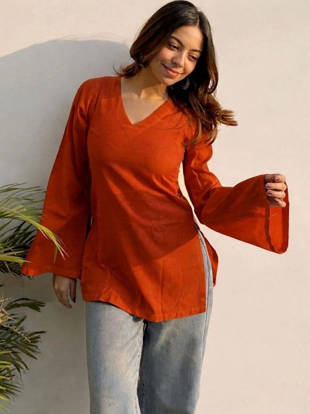Sangria V-Neck Flared Sleeves Kurti - view 1
