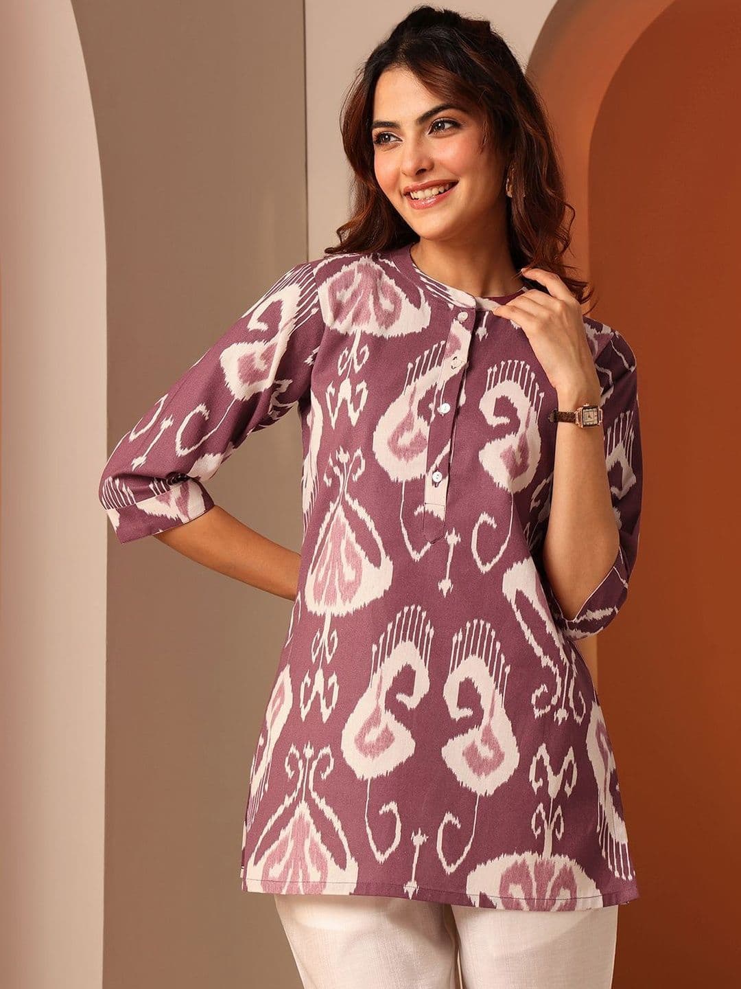 Libas Women Rust Printed Cotton Straight Short Kurti thumbnail 3