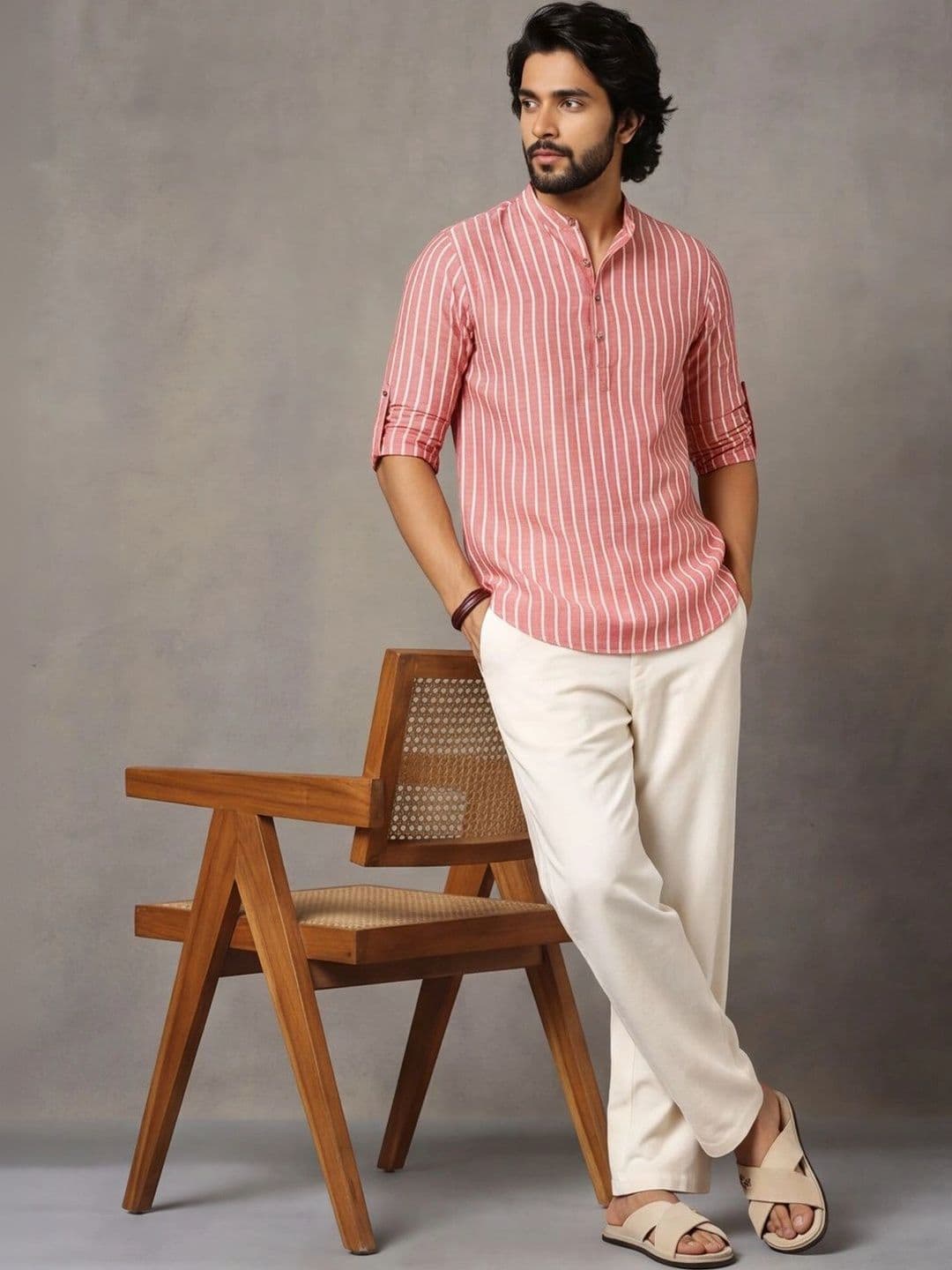 Navibhu Woven Design Striped Cotton Handloom Mandarin Collar Short Kurta - view 1