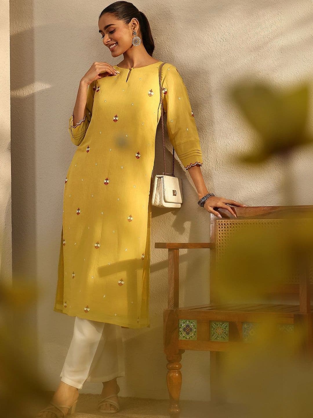 Libas Women Ethnic Motifs Embroidered Keyhole Neck Thread Work Chanderi Cotton Kurta - view 1