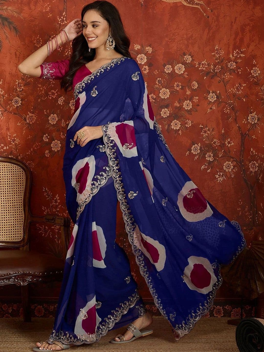 KALINI Tie and Dye Embroidered Pure Georgette Fusion Saree thumbnail 5