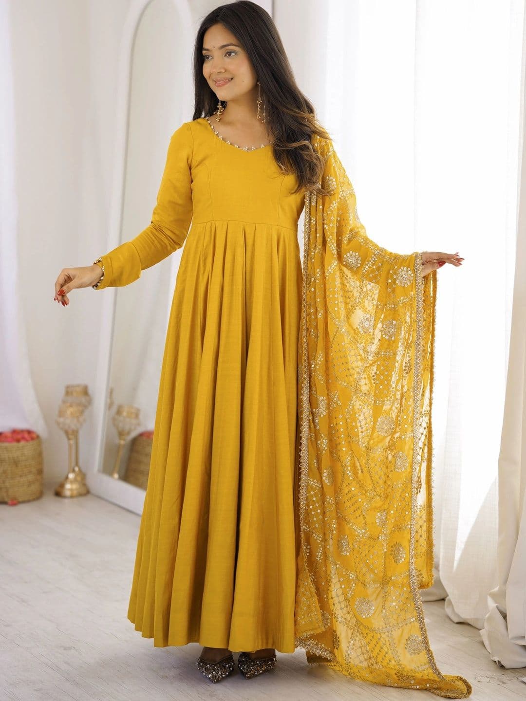 NORAFLEX Women Empire Chanderi Silk Kurta with Palazzos & With Dupatta thumbnail 4