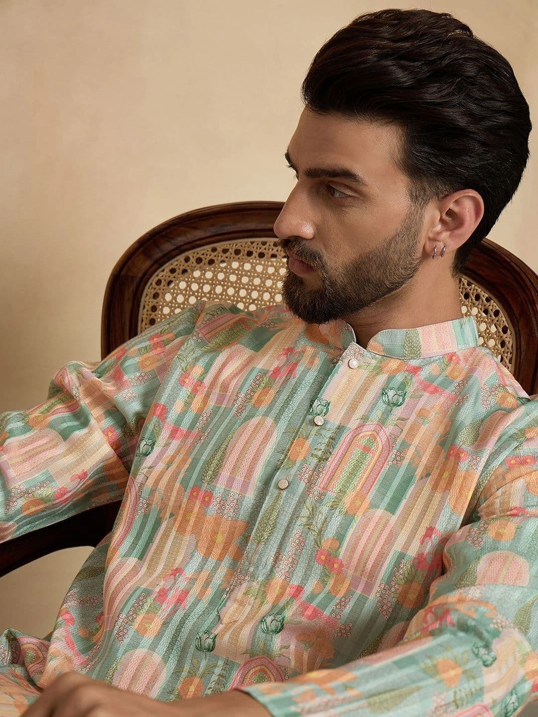 House of Pataudi Motifs Printed Mandarin Collar Knee Length Straight Kurta thumbnail 6