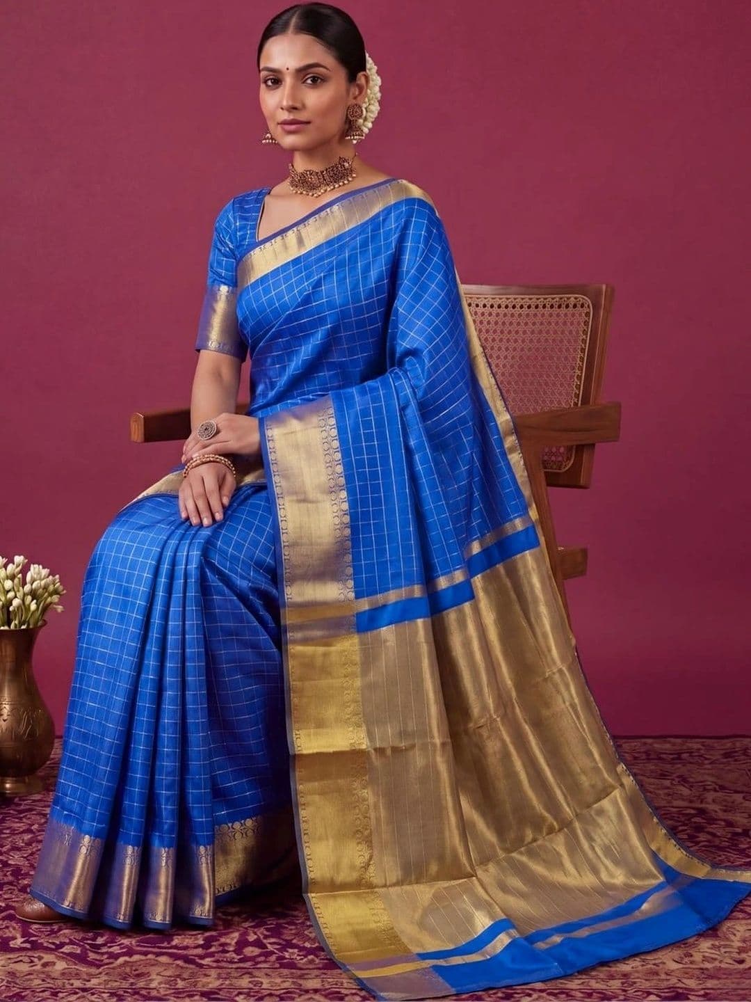 SAMANTHA Checked Zari Silk Blend Bomkai silk Saree thumbnail 3