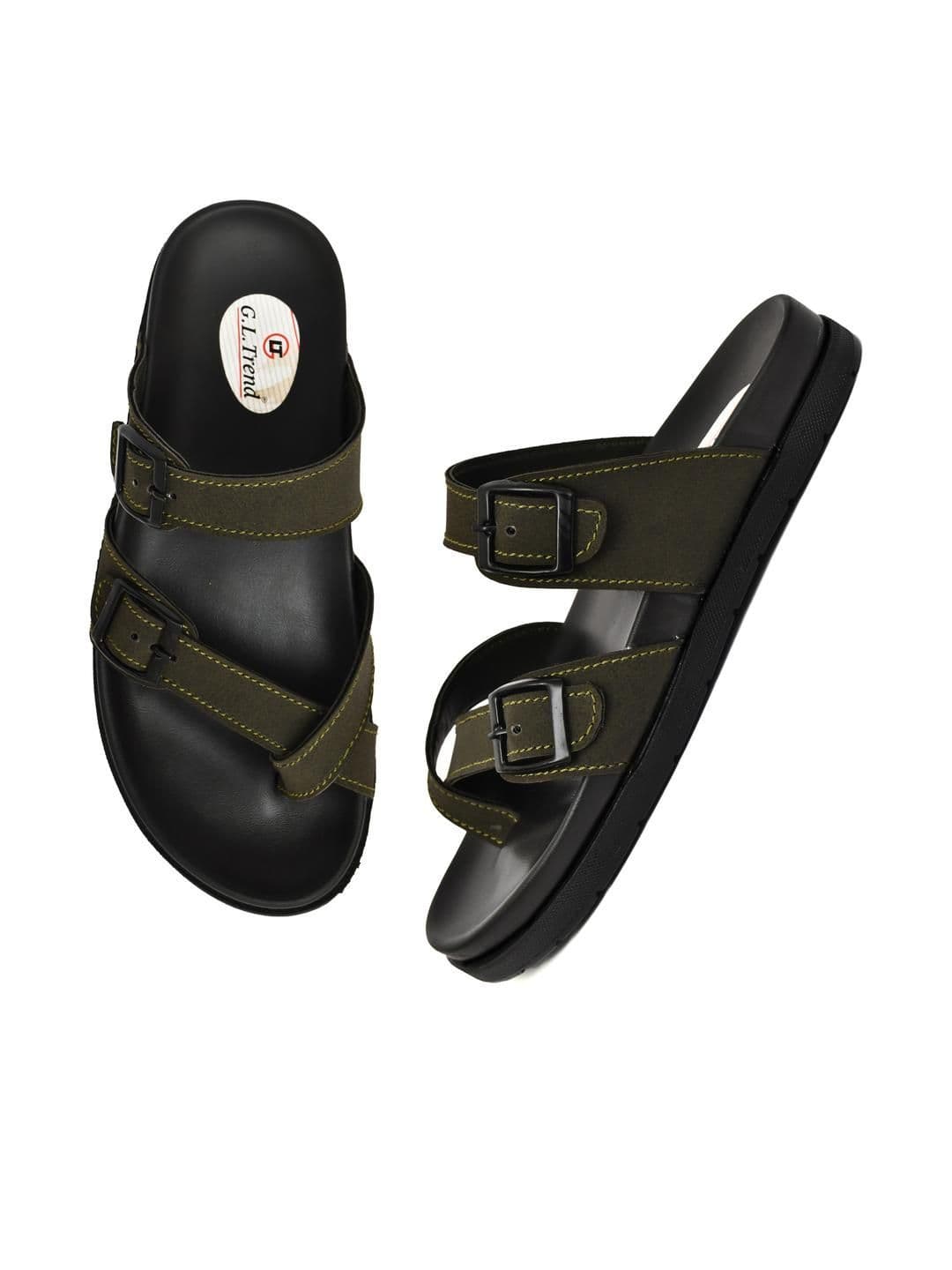 G L Trend Men Olive Leather Casual Comfort Orthopedic Slip-On Sandals thumbnail 4