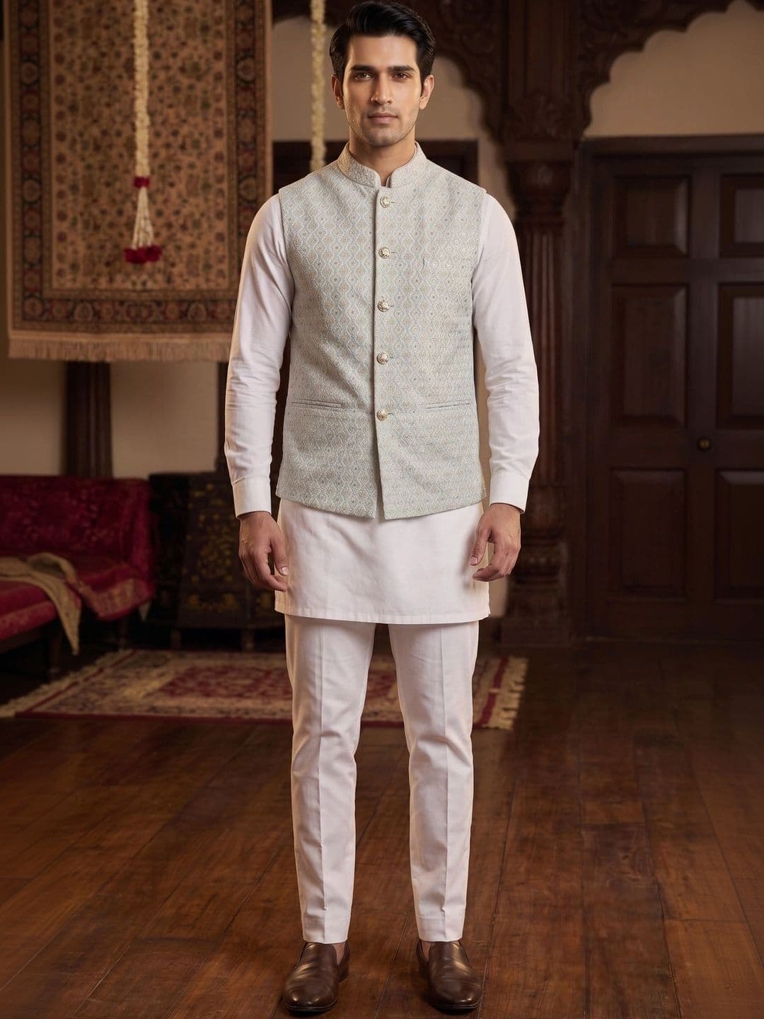 Shiv Leela Embroidered Mandarin Collar Nehru Jacket thumbnail 4