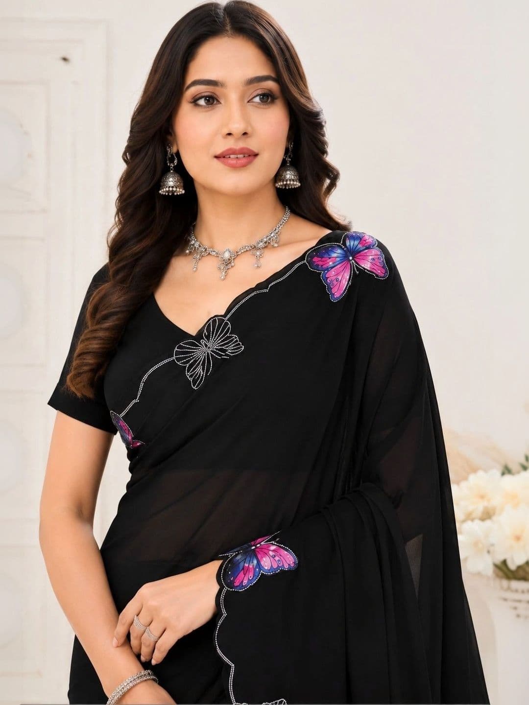 RENBRIZA Embroidered Poly Georgette Saree thumbnail 3