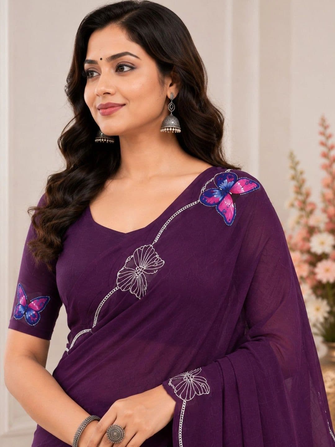 RENBRIZA Embroidered Poly Georgette Saree thumbnail 3