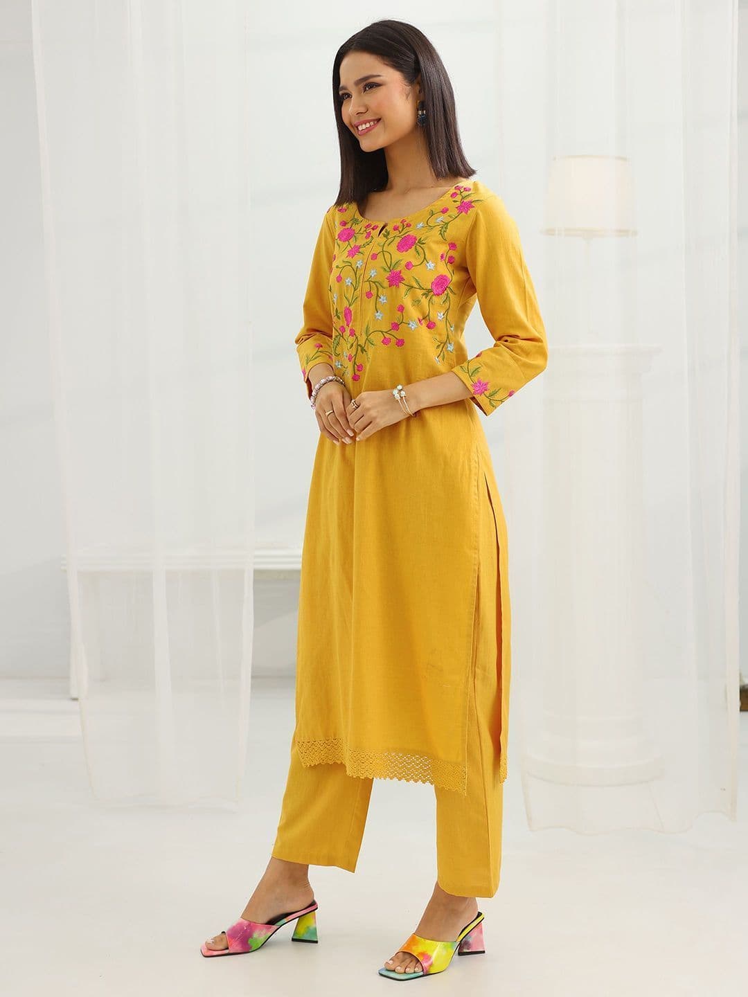 Libas Women Solid Embroidered Kurta with Trousers & Dupatta thumbnail 4