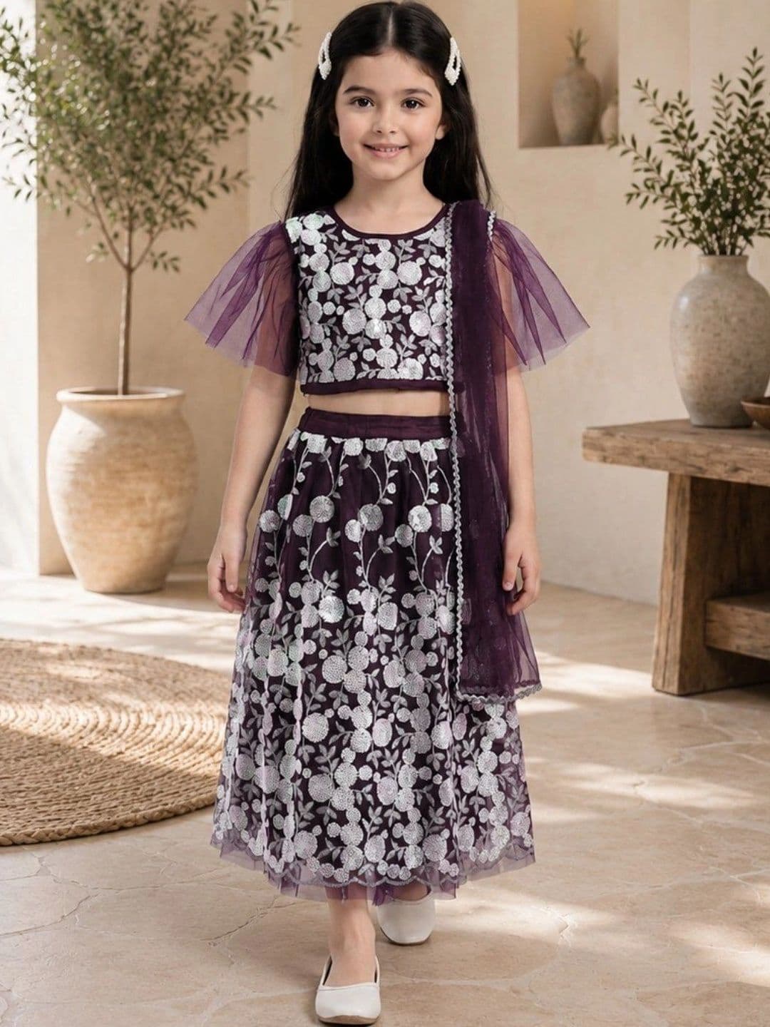 Sangria Girls Plum Floral Embroidered Lehenga & Choli With Dupatta - view 1