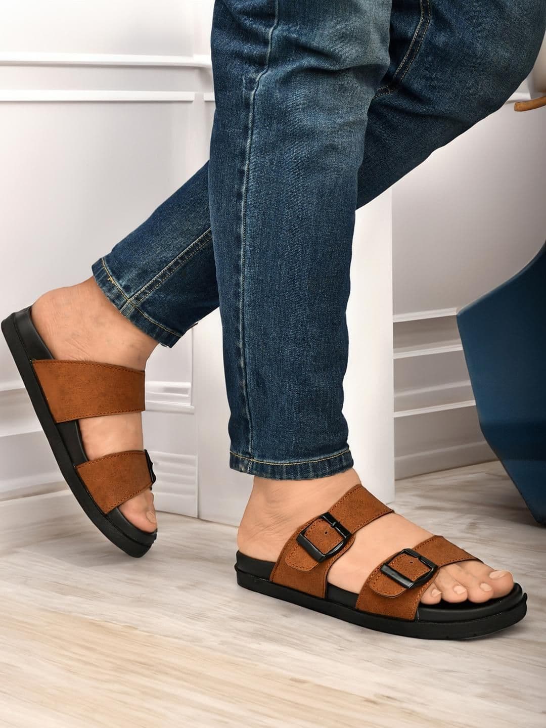 G L Trend Tan Leather Double-Strap Slip-On Water-Resistant  Sandals thumbnail 3