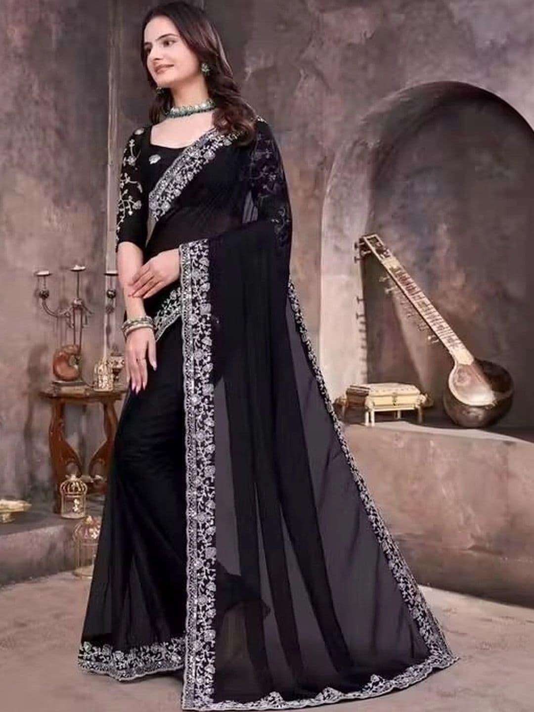RENBRIZA Floral Embroidered Poly Georgette Saree thumbnail 3