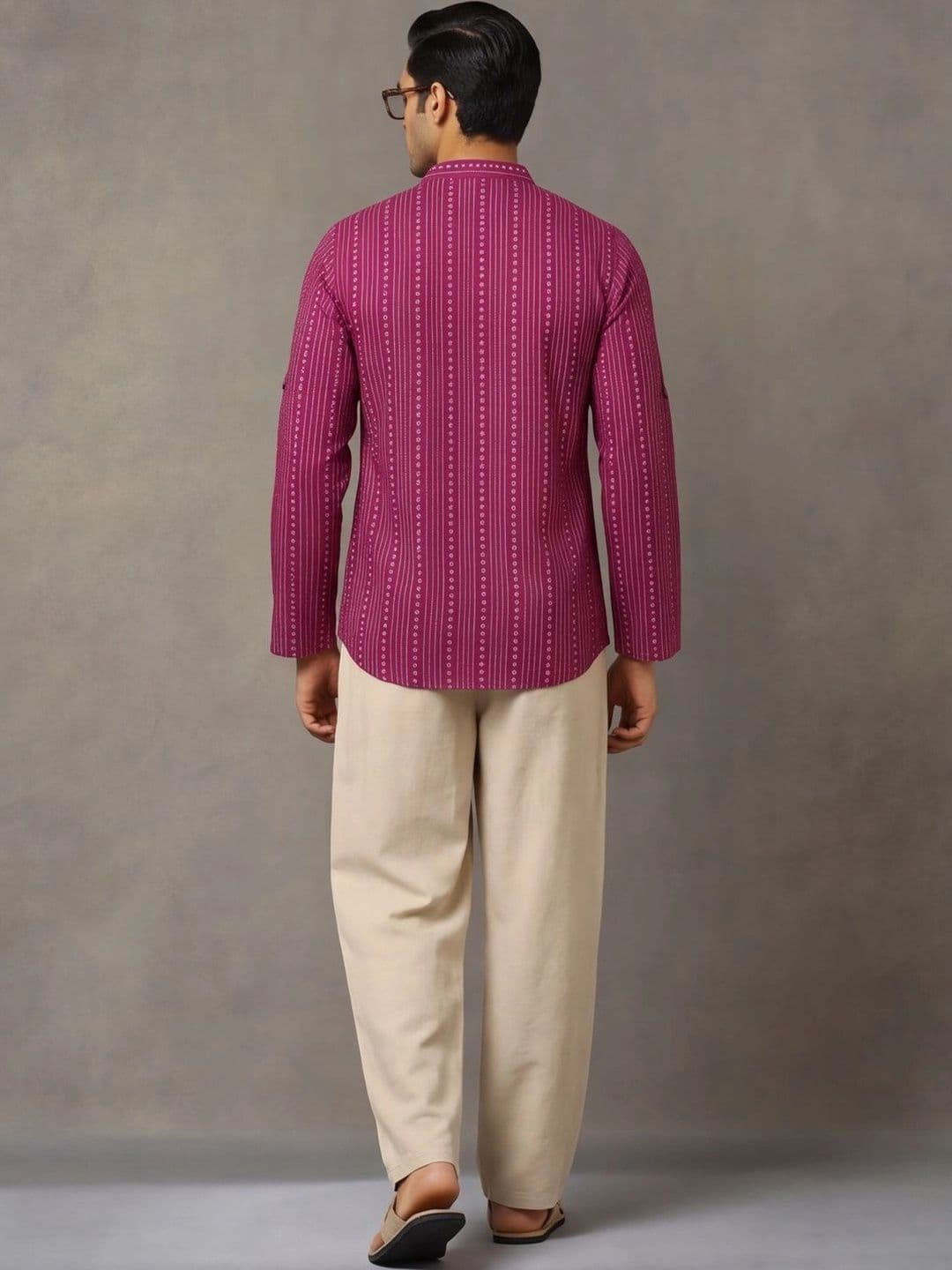 Navibhu Woven Design Striped Cotton Handloom Mandarin Collar Short Kurta thumbnail 6