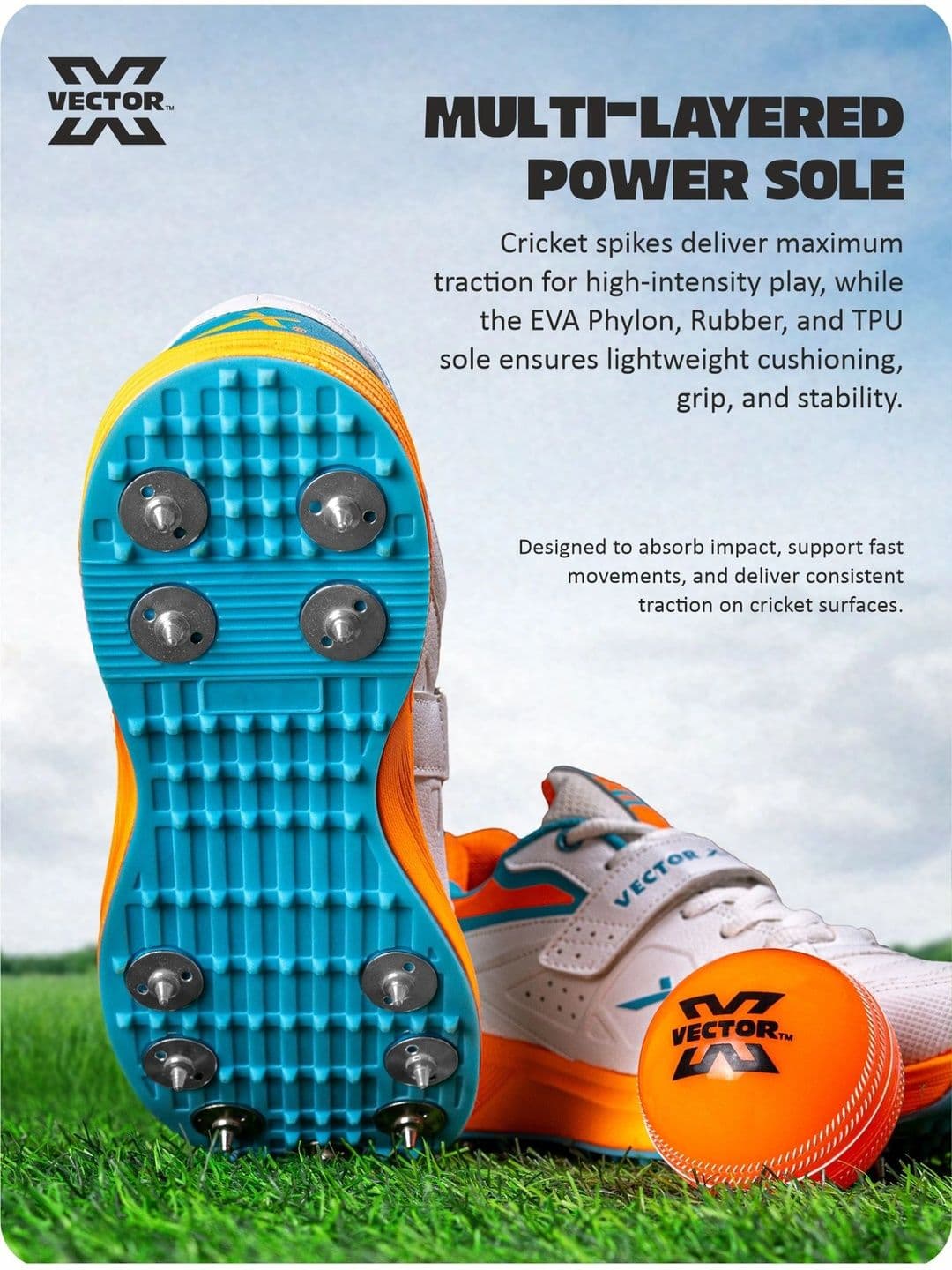 VECTOR X CKT 200 Spikes PU Material with Rubber Sole Cricket Shoes thumbnail 5