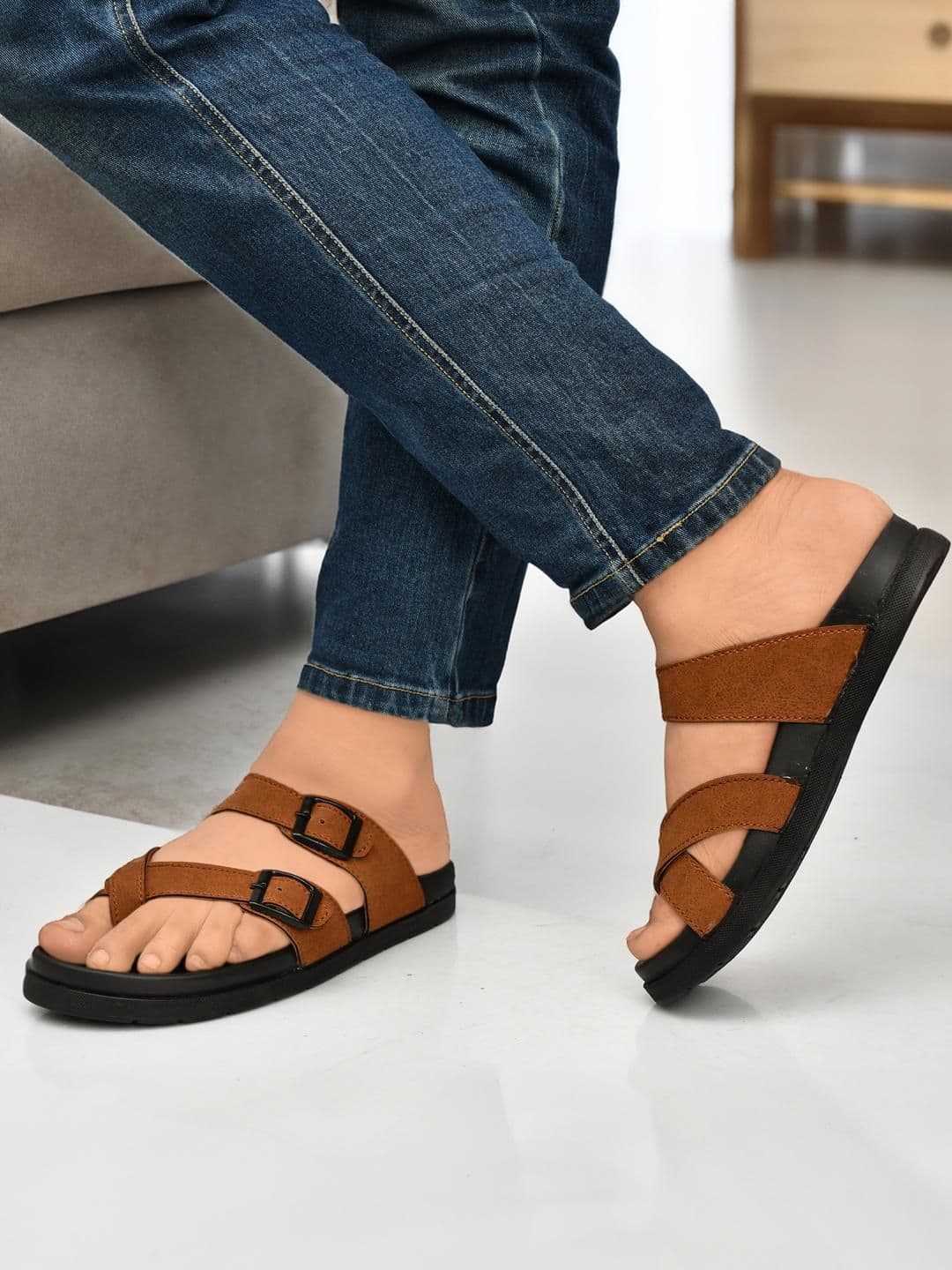 G L Trend Men Tan Leather Casual Comfort Orthopedic Slip-On Sandals thumbnail 3