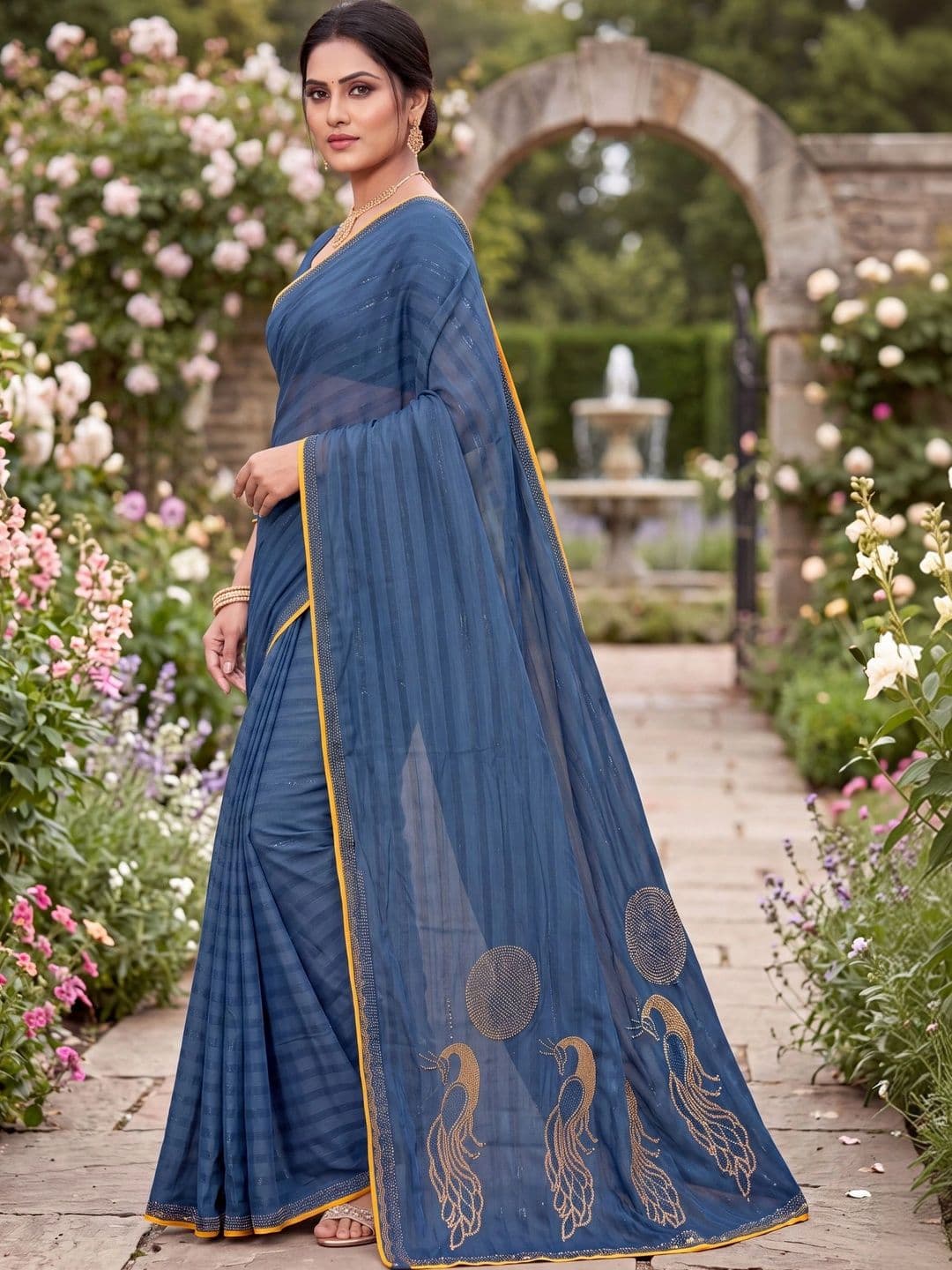 Jaipur Vogue Striped Embroidered Poly Georgette Saree thumbnail 3