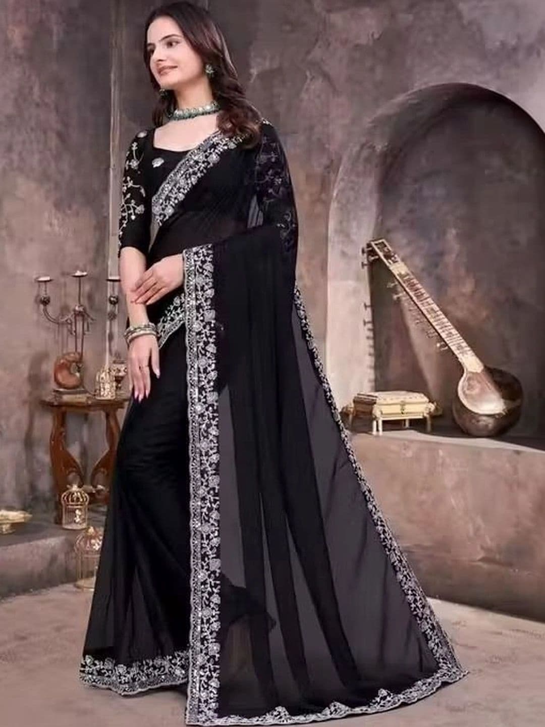RENBRIZA Floral Embroidered Poly Georgette Saree - view 1
